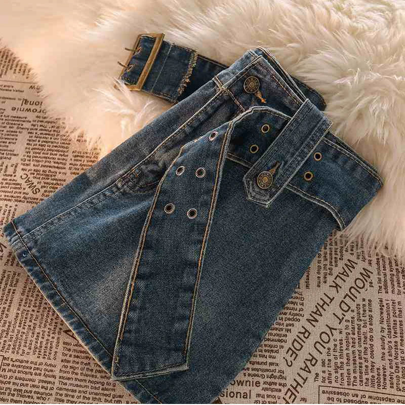 qgtao Vintage Denim Mini Skirts Women Summer Sexy Solid Belt Jeans Skirts Female Casual Ball Gown Korean Slim A Line Skirts