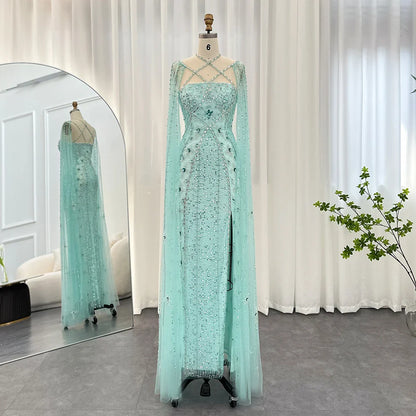 Luxury Dubai Aqua Lilac Arabic Mermaid Evening Dress with Cape Sleeves Criss Cross Women Wedding Party Gowns