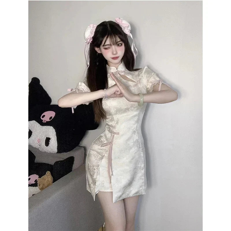 qgtao Vintage Chinese Style Cheongsam High Split Mini Dress 2024 Tie Dye Gothic Women Aesthetic Bandage Dresses Y2k Sexy Bodycon Robe