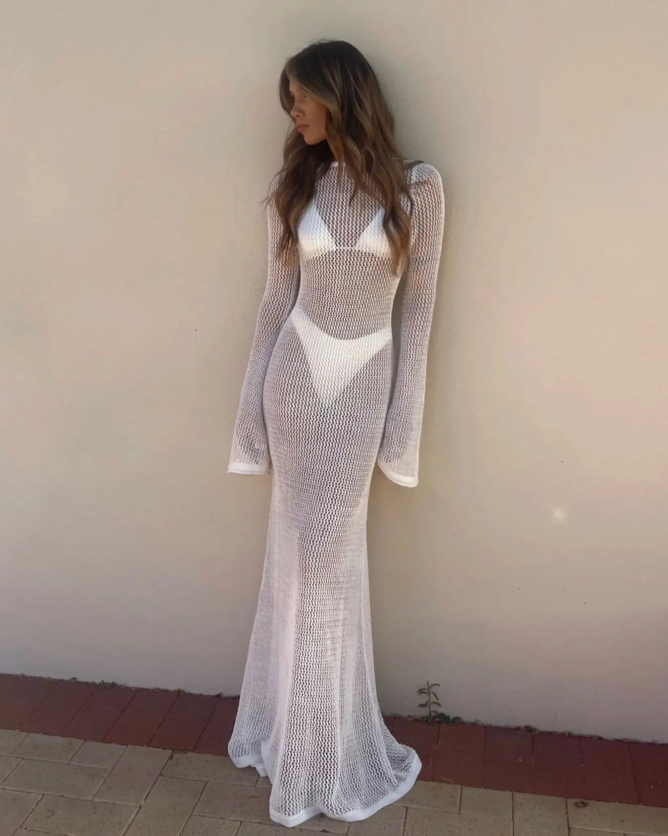 Long Sleeve Knit Beach Dress Women Sexy See Through Slim Maxi Dress Summer Elegant Solid Backless Long Dress Holiday Outfit 2023