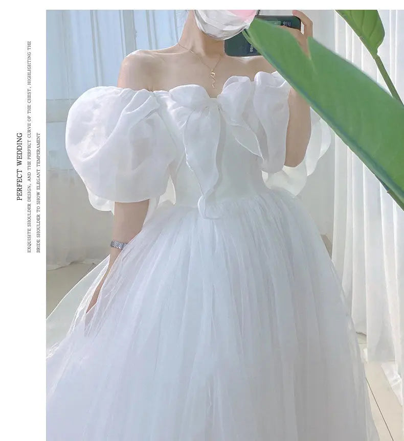 qgtao White Elegant Sweet Princess Dress Women Bow Puff Sleeve Korean Kawaii Midi Dress Female 2024 Autumn Casual Evening Party Dress