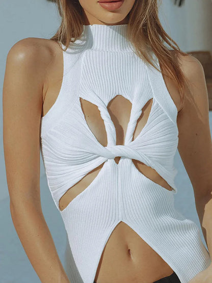 qgtao Sexy Crop Top Women T shirt Summer Cut Out Vest Round Collar Sleeveless Solid Knitting Tank Tops  Hollow Out Street wear
