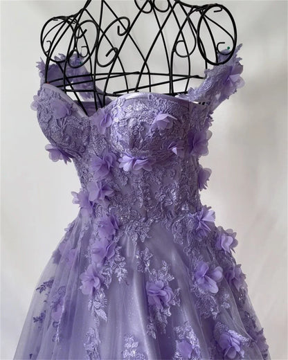 qgtao  Princess 3D Flower  Sweet A-line Tulle Evening Dress Purple Prom Dress Handmade Robe