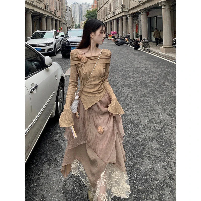 qgtao Elegant Women Two Pieces Set Y2K New Design Irregular Tops Vintage Office Ladies Midi Skirt High Quality Female Outfit 2024 Suit