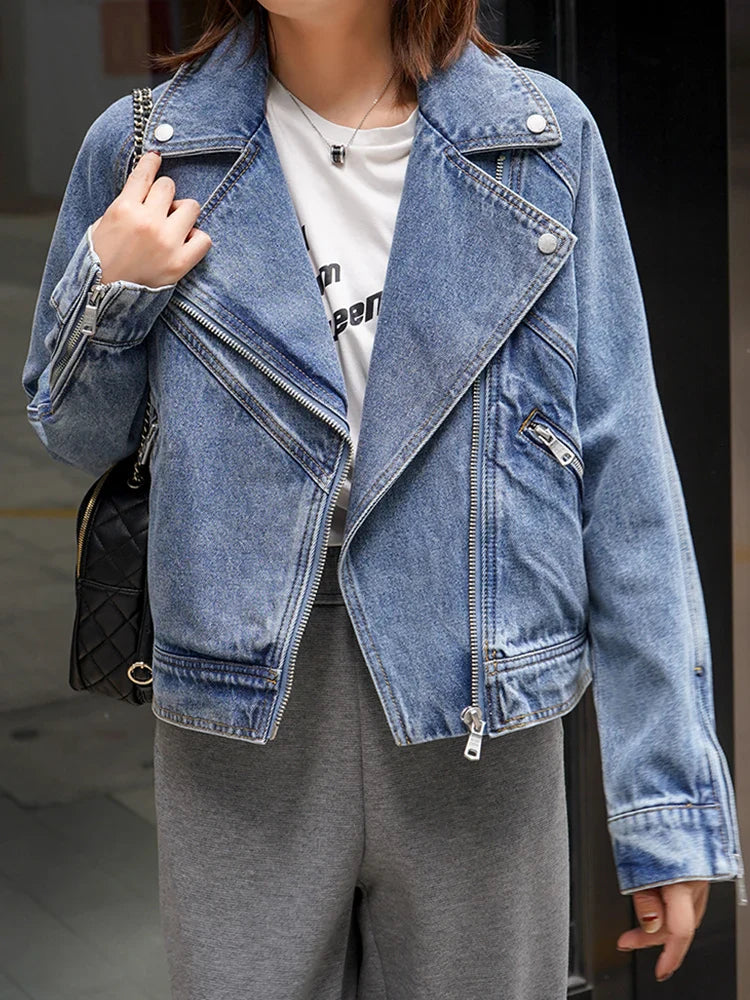 qgtao  New Spring Autumn Motorcycle Denim Jacket Women Fashion Lapel Zipper Short Cowboy Streetwear Vintage Loose Coat Outwear