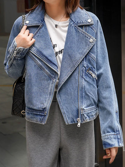 qgtao  New Spring Autumn Motorcycle Denim Jacket Women Fashion Lapel Zipper Short Cowboy Streetwear Vintage Loose Coat Outwear