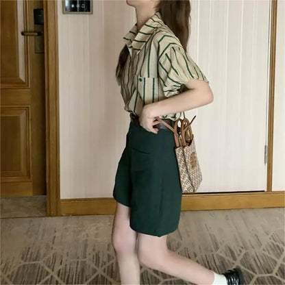 qgtao 2024 Summer Short Sleeve Slim Green Striped Shirt Sets Women Korean Style t Shorts Suits New In Clothing Tops