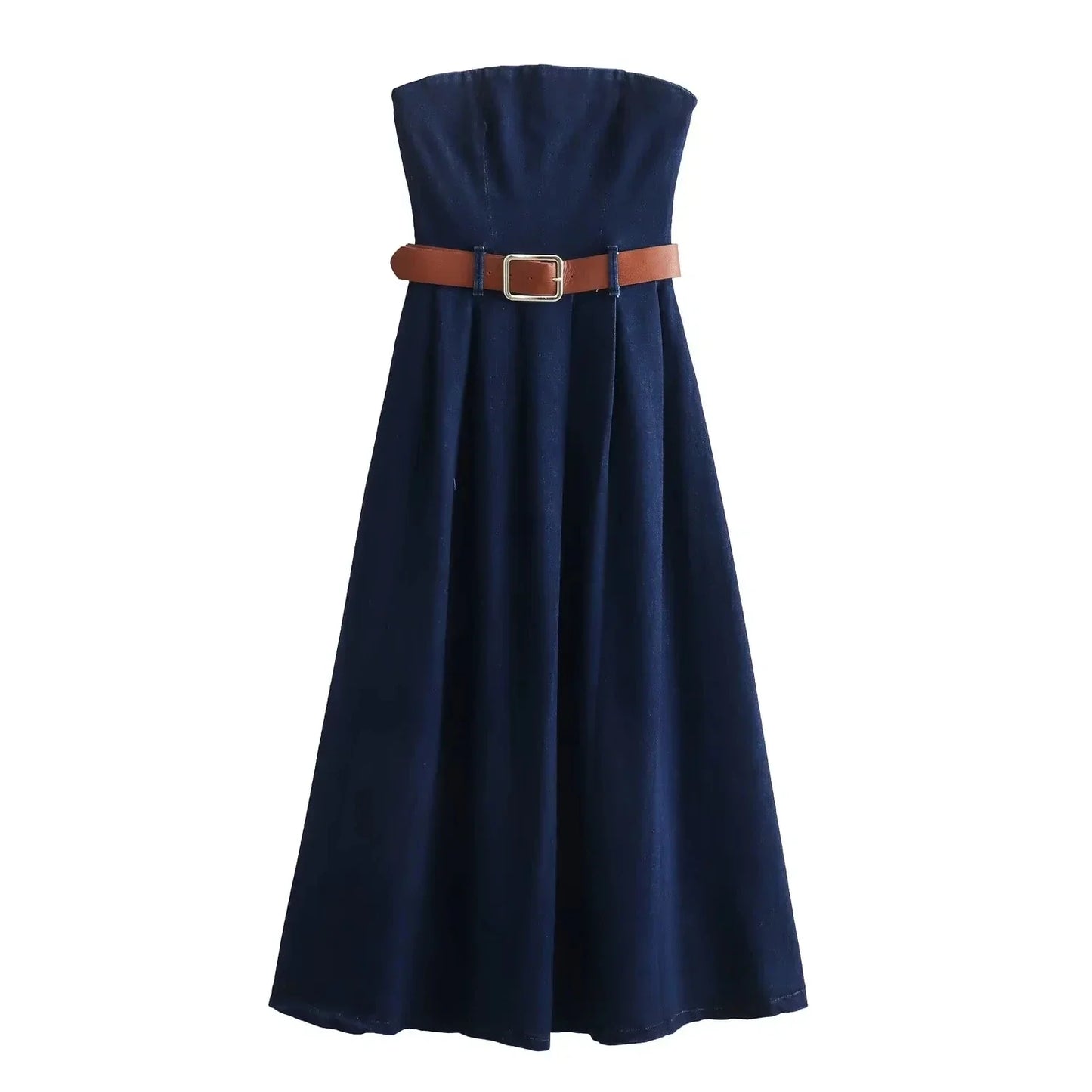 qgtao Female Fashion Denim Dress Sexy Sleeveless Belt Decorate Midi Dresses Women Elegant Shoulder Backless Folds Slim Dress