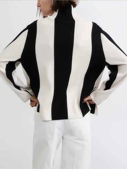 Vertical Stripe Mock Turtleneck Sweater For Women Autumn O-neck Long Sleeve Knitter Pullover Vintage Fashion Commute Jumpers