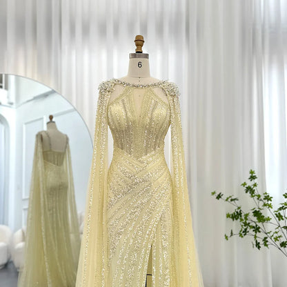 Luxury Crystal Dubai Yellow Evening Dress with Cape Sleeves Lilac Arabic Mermaid Women Wedding Party Gown