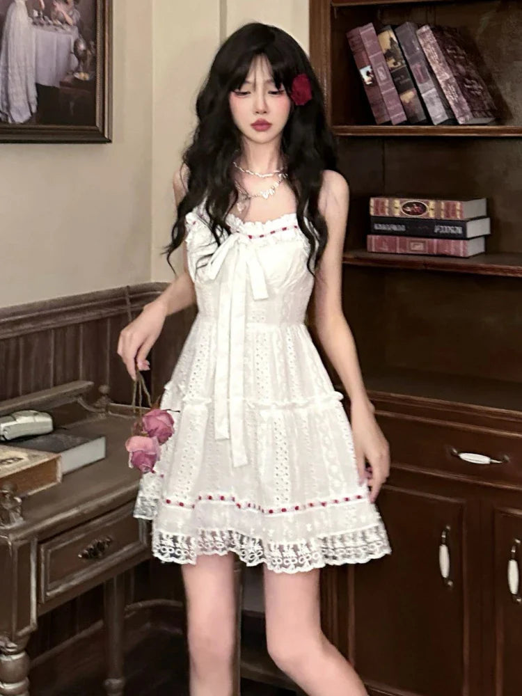 qgtao Sweet White Lace Mini Dress Women Autumn Sexy Sleeveless Bow Strap Dress Female Casual Cute Princess Wedding Party Dress New In