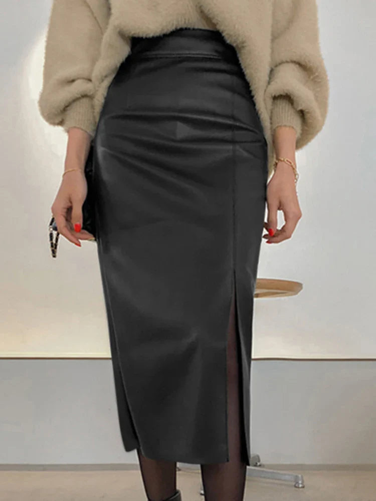 qgtao Fashion Side Slit Skirts PU Leather Women Elegant High Waist Bodycon Sheath Midi Jupes 2023 Autumn Sexy Slim Faldas Mujer