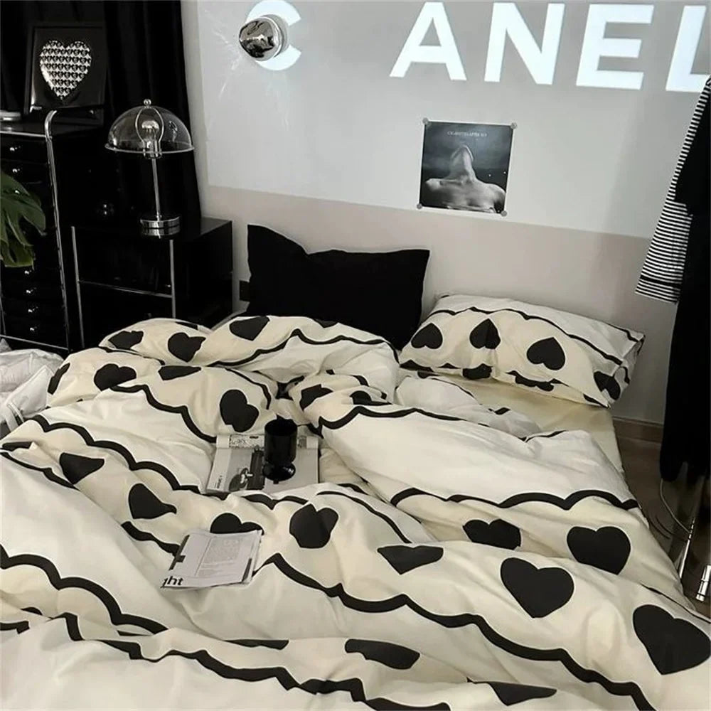 Yeknu New Fashion Bedding Set Ins Floral Single Double Size Duvet Cover Flat Sheet Pillowcase Grid Solid Color Home Girls Bed Linens