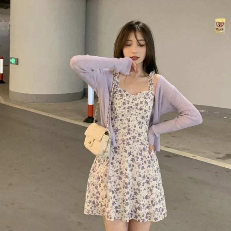 qgtao Summer Purple Two-piece Sets Dress for Women Floral Slip Mini Dress+Sunscreen Shawl Cardigan Woman 2024 New Sundress