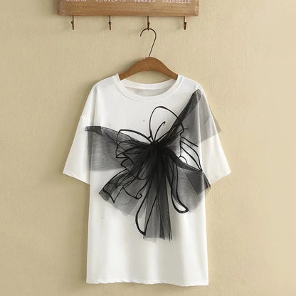 qgtao Plus Size Clothes For Women In Summer Short Sleeve Cotton T-Shirt Large Bow Decoration In Mesh Fabric Large Size Cotton Tops