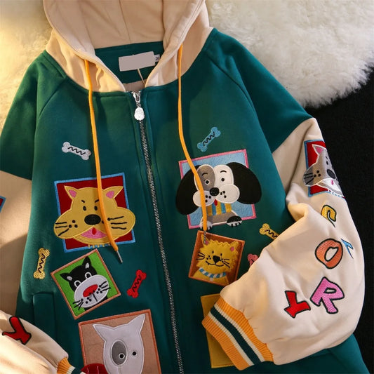 qgtao 2024 Color Block Vintage Cute Cartoon Print Zip Up Hoodies Women Kawaii Spring Clothes Sweatshirt Jackets Coats Oversized Teens