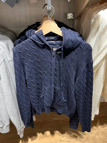 Solid Twist Knitted Hooded Cardigan Women Autumn Casual Cotton Ribbed Trim Zip-up Sweater Vintage Streetwear Cropped Tops Coat