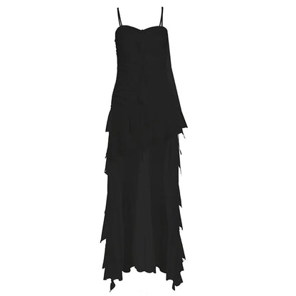 qgtao Y2k Sexy Mesh Ruffle Irregular High Low Dress White Black Sleeveless Long Dresses Summer Y2K Clothes Women 2024