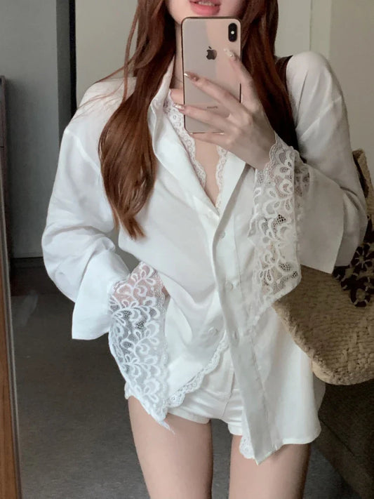 qgtao  -   Elegant White Shirts for Women Lace Patchwork Long Sleeve Blouse Female Casual Autumn Korean Style Office Ladies Clothes