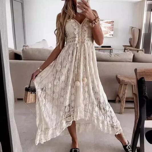 qgtao Women's Summer Beach Dress Cover Up Slip Boho Maxi Dress Lace Up Tassel V-Neck Flare Ruffle White Beach Dresses 2024 Vacation