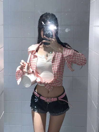 qgtao  -  Y2k Pink Plaid Women Shirts Check Graphic Long Sleeve Blouses Female Spring Autumn Sexy Slim Button Up Cardigan Chic Ins