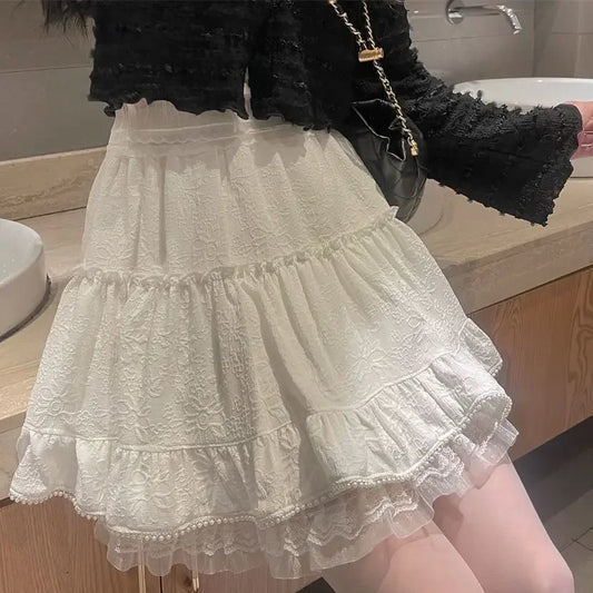 qgtao White Lace Mini Skirt for Women Girl Kawaii Short Skirt for Summer Fairycore Clothes Korean Fashion Lolita Clothing Fairy Core