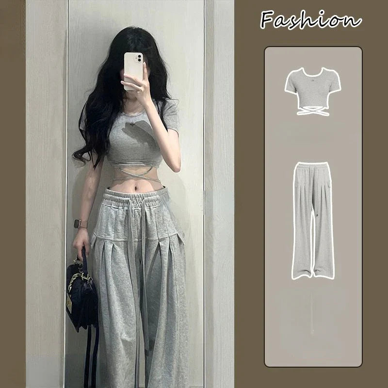 qgtao 2 Piece Pant Sets 2024 Summer Casual Y2k Crop Top + Loose Trousers Sport Wear Korean Fashion Suits Chic Outwear T Shirts Blouse