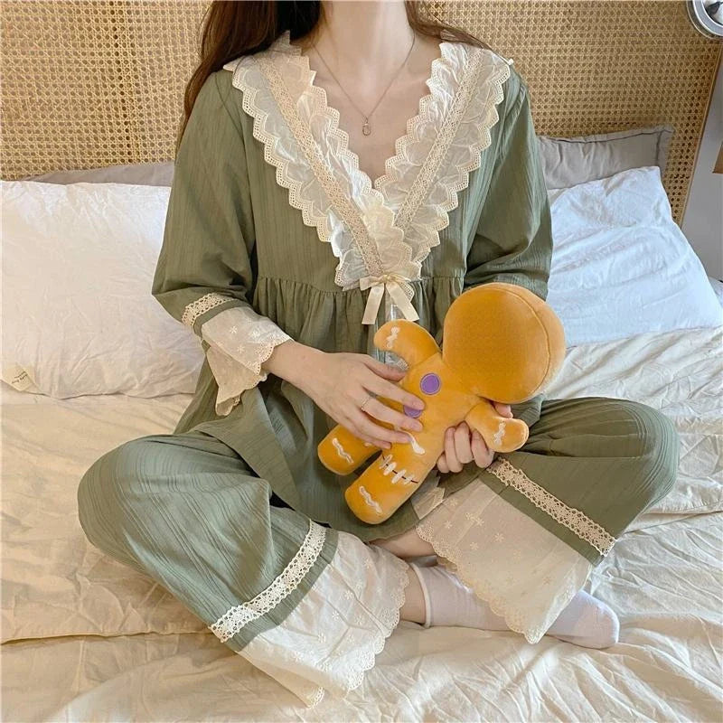 qgtao 2024 New Pajamas for Women Solid Color Sweet Loose Sleepwear Pullover Homewear Set V-neck Lace Contrasting Colors Loungewear