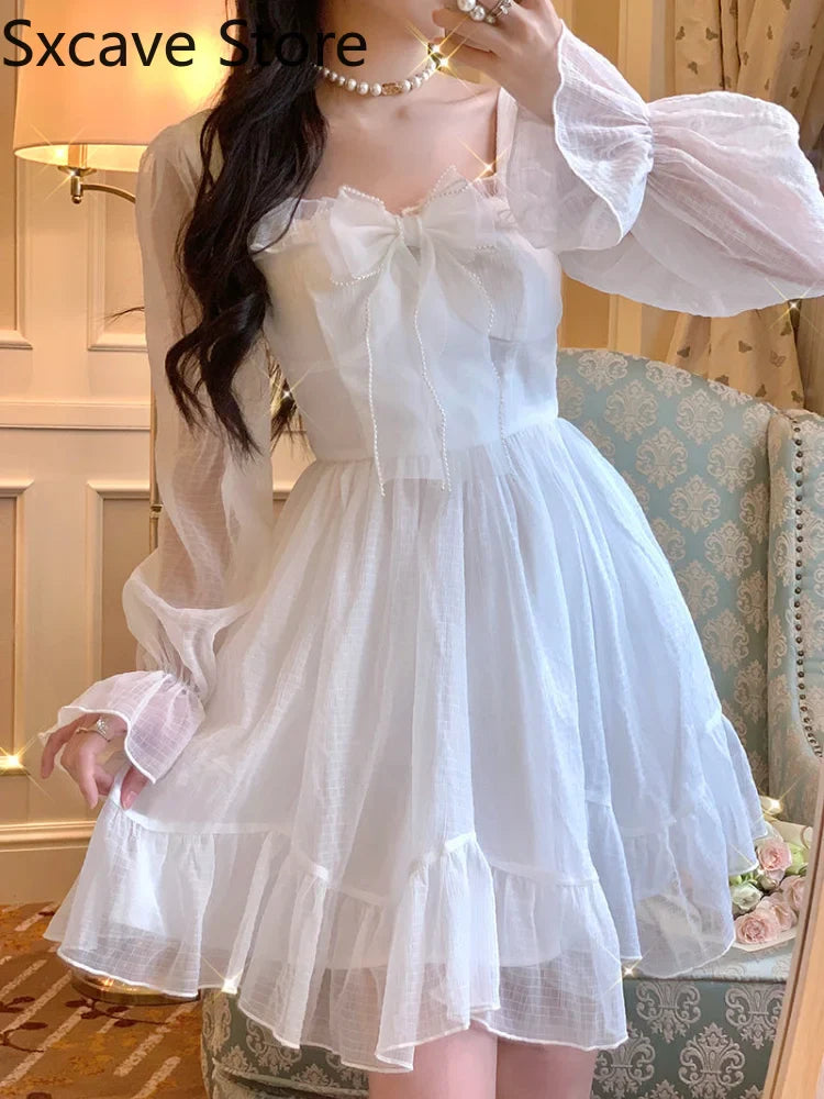 qgtao French Sweet Fairy Lolita Dress Women Long Sleeve Lace Y2k Mini Dress Vintage Kawaii Clothes One Piece Dress Korean 2023 Summer