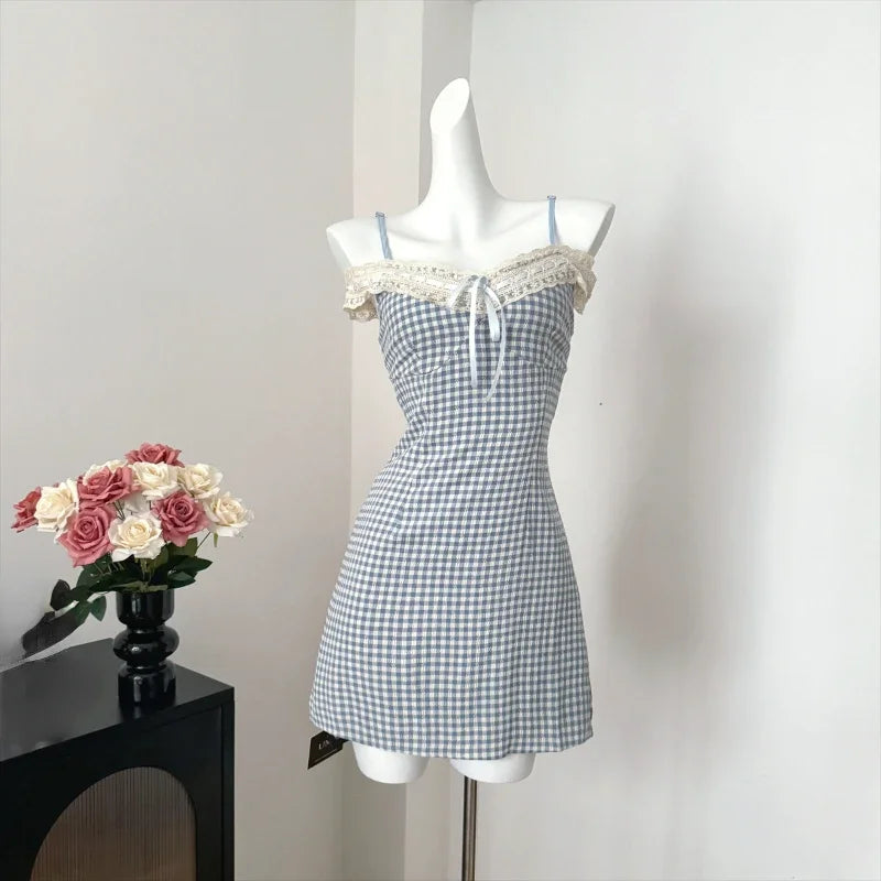 qgtao Japanese Plaid Kawaii Strap Dress Women Lace New Korean Casual Y2K Mini Dress Female V-neck High Waist Cute Clothes 2024 Summer