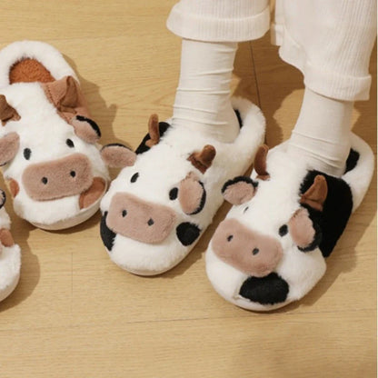 qgtao 2024 Winter Warm Milk Cow Women Slippers Men Cute Soft Plush Sandals Adults Lovely Non-slip Flip Flops Couples Home Flat Slides