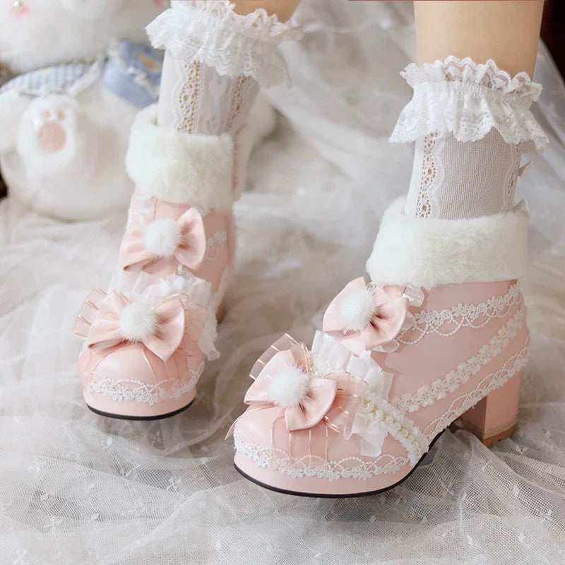 qgtao Original Lolita Cute Plush Ball Plush Warm Short Boots Lolita Shoes Sweet PU Girls' Shoes