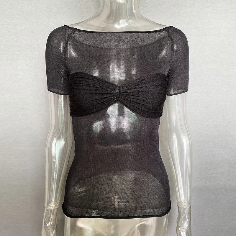 Mozision See Through Mesh Crop Top Women Pullovers Strapless Short Knit Cropped Tops Ladies Tee Shirt Sexy Off-shoulder T-shirt