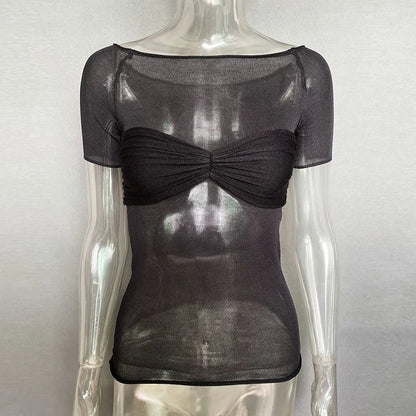 Mozision See Through Mesh Crop Top Women Pullovers Strapless Short Knit Cropped Tops Ladies Tee Shirt Sexy Off-shoulder T-shirt