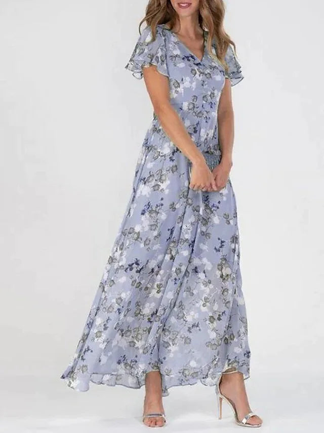 qgtao Female Vintage Floral Printing Chic Dress Women Summer Elegant V Neck Maxi Party Dresses Casual Chiffon Beach Long Dress Vestido