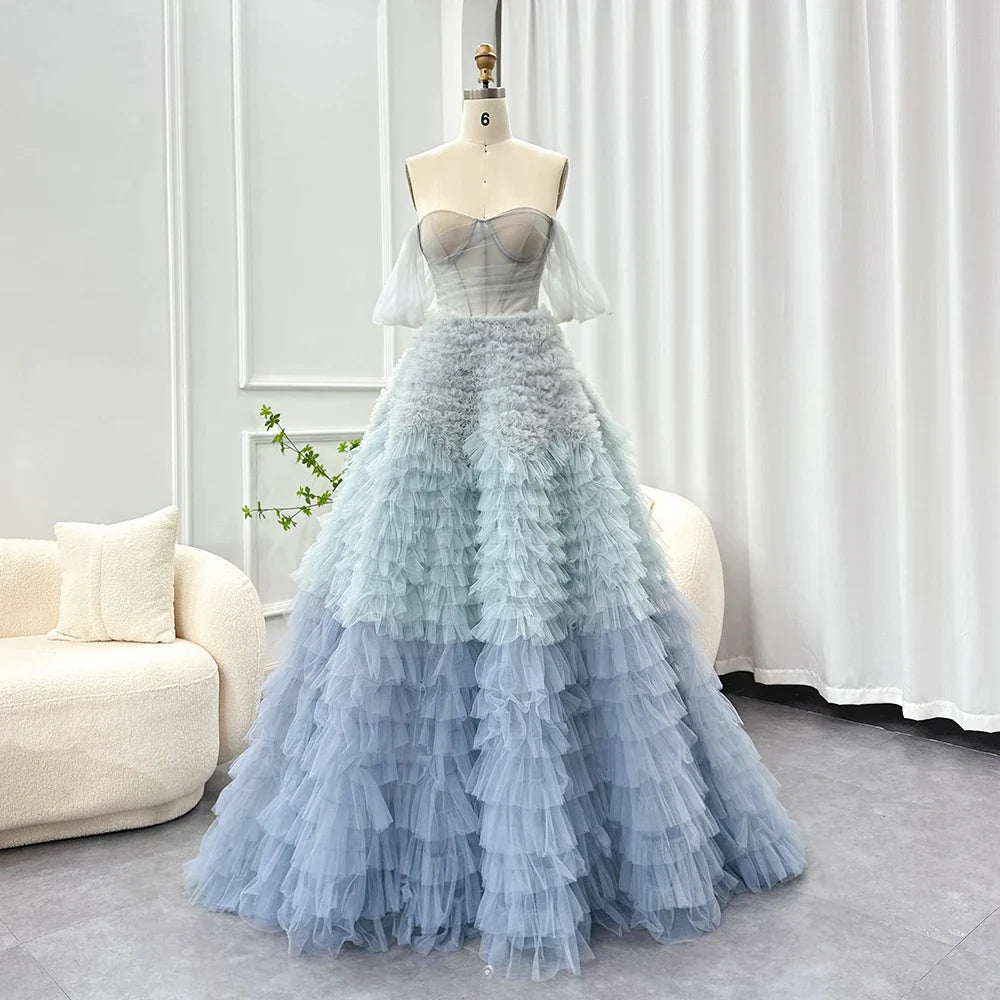 Chic Blue Ombre Tiered Ruffles Evening Dresses Luxury Dubai Ball Gown Prom Dress for Women Wedding Party