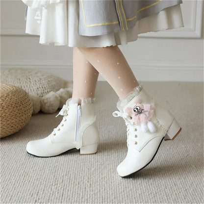 qgtao Japanese College Cosplay Sweet Girls Shoes Kawaii Lace Ruffle Lolita Lacing Strap Hairball Dolls Cute Winter 2cm Solid Boots