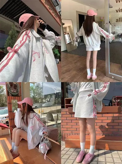 qgtao 2 Piece Skirt Sets Female Y2k Clothing Zipper Bow Sweet Korean Fashion Hoodie Suits Women Studentseven Party Outwear 2024