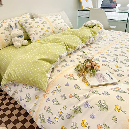 Yeknu Ins Style Bedding Set Cotton Soft Flat Fitted Sheet Duvet Cover Pillowcase Floral Rabbit Boy Girls Home Textile Bedclothes