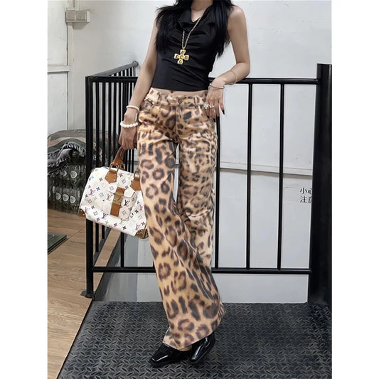 qgtao  -  Women Jeans Hip-hop Fashion Vintage Streetwear Y2K Wide Leg Straight Jean High Waist Leopard Print Trouser Baggy Denim Pants