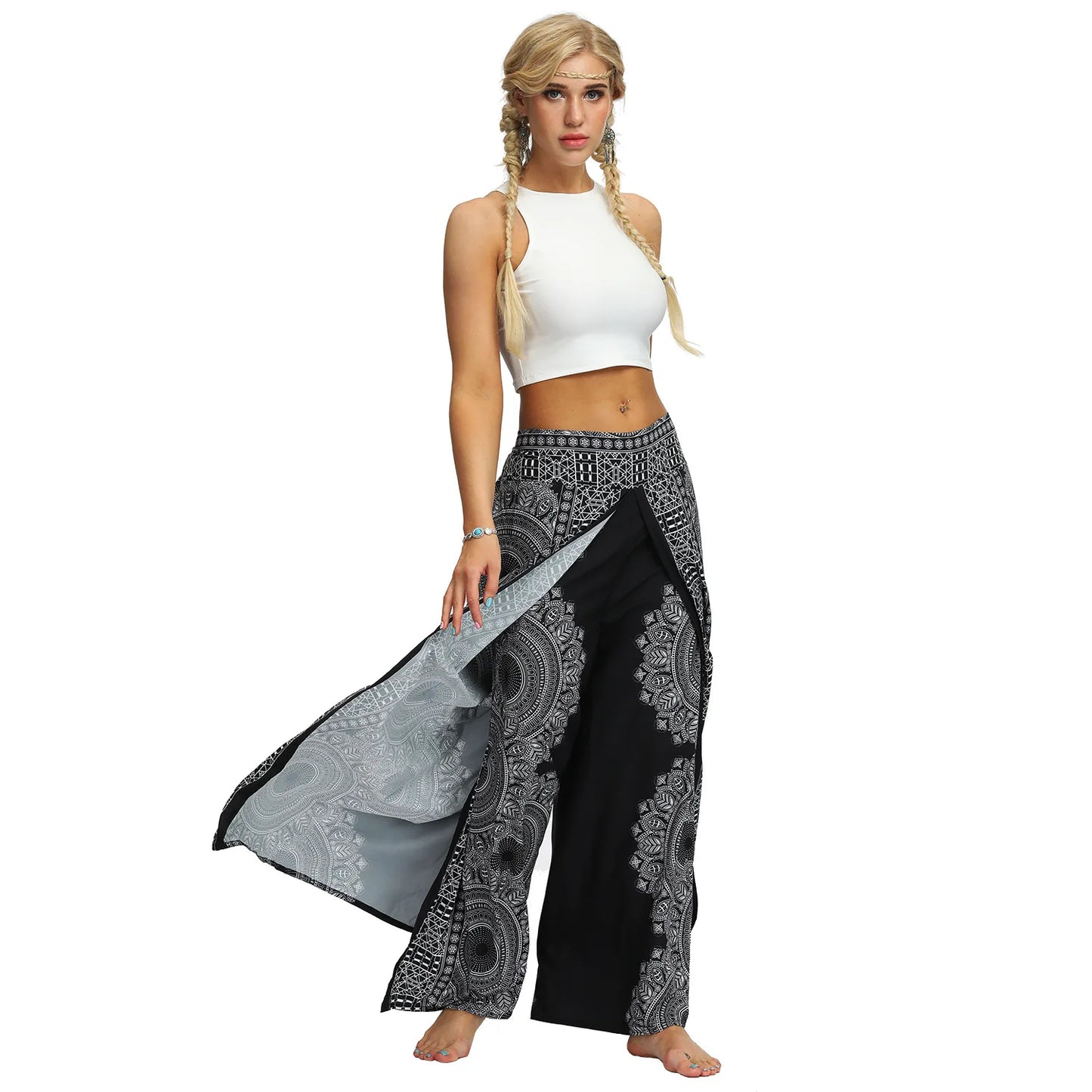 qgtao Women's High Waist Open Leg Wide Leg Pants Digital Printed Casual Plus Size Yoga Pants Women Thailand Bohemia Polyester 2024