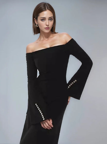 qgtao Fashion Women's Dress Slash Neck Flare Sleeves Folds Button Decorate Slim Ankle-length Dresses Summer 2024 New Tide 13DL10