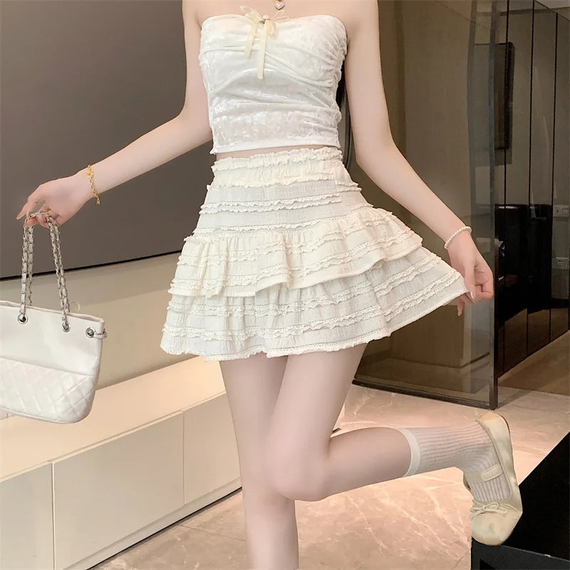 qgtao with Lining Prevent Exposure A Line Women Skirts Summer Solid Sweet Texture Sexy Mini Skirt Slim High Waist Skirt