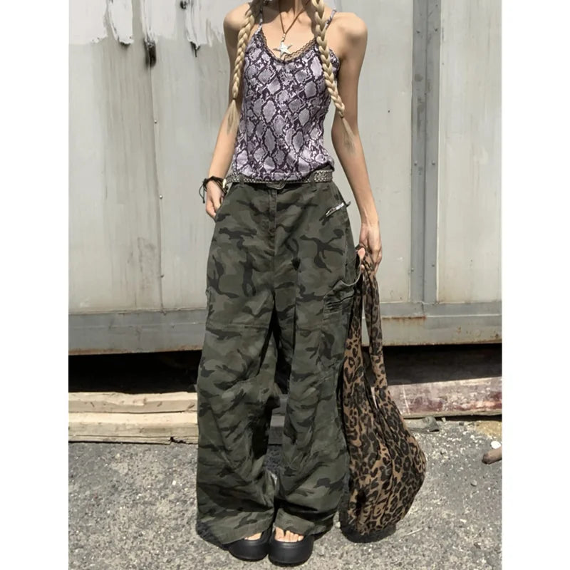 qgtao  -  Green low Waist Women Overalls Camouflage American Fashion Loose Streetwear Style Wide Leg Female Trouser Baggy Straight Pants