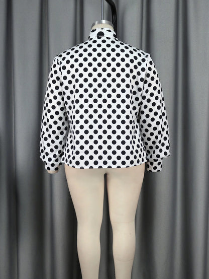 qgtao Plus Size Blouse for Women Black White Printed Long Sleeves Button Up Formal Occasion Office Lady Work Shirts Tops with Bowtie
