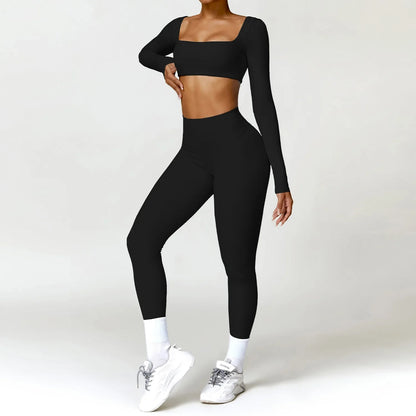 qgtao Yoga Set 2PCS Women Gym Long Sleeve Seamless Sportswear Workout Clothes Athletic Wear Legging Fitness Bra Crop Top Sports Suits