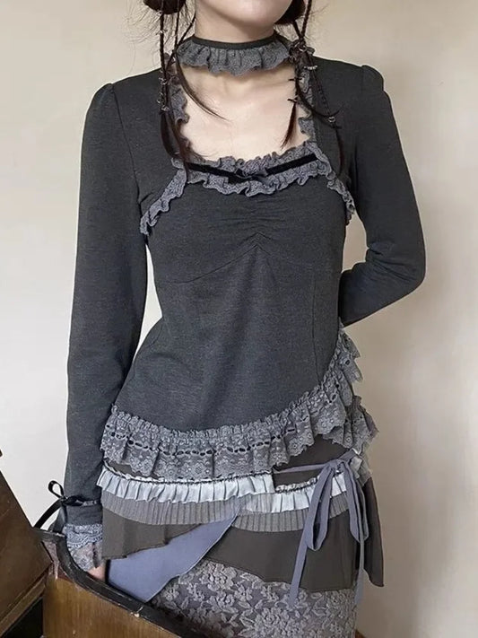 qgtao  Y2k Vintage Streetwear Patchwork T-shirts Women Japanese Style Harajuku Sexy Lace Square Collar Slim Short Tops 2