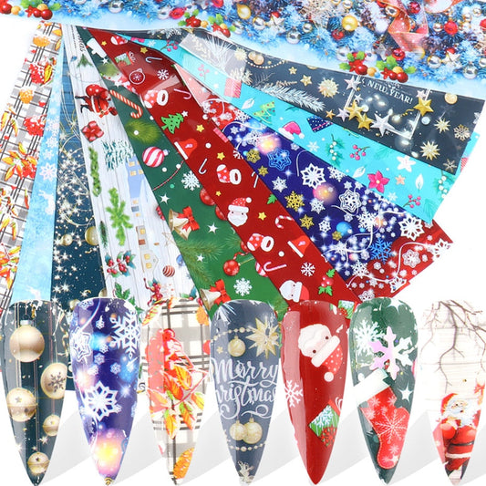 10pcs Christmas Nail Foil Sticker Glitter Snowflake Santa Elk Maple Gift Transfer Slider Polish Slider Starry Sky Paper SASW7115