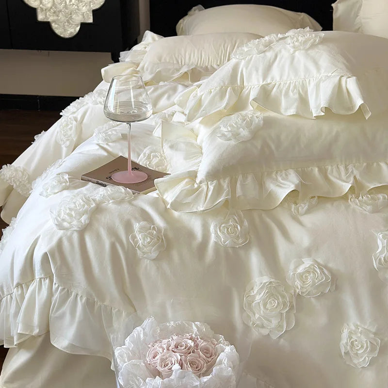 Yeknu Princess Style 3D Flower Bedding Set 100 Thread Count Autumn and Winter Cotton Duvet Cover Solid White Quilt Covers with Ruffles