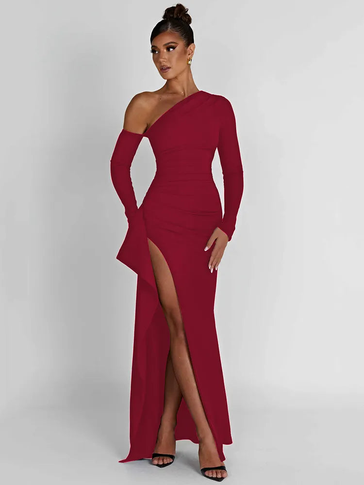 qgtao Oblique Shoulder Thigh High Split Maxi Dress Women Long Sleeve Backless Bodycon Sexy Club Party Long Dress Vestidos